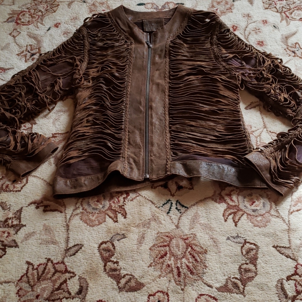 Natto leather shredded slashed mesh fringe jacket - Picture 10 of 12